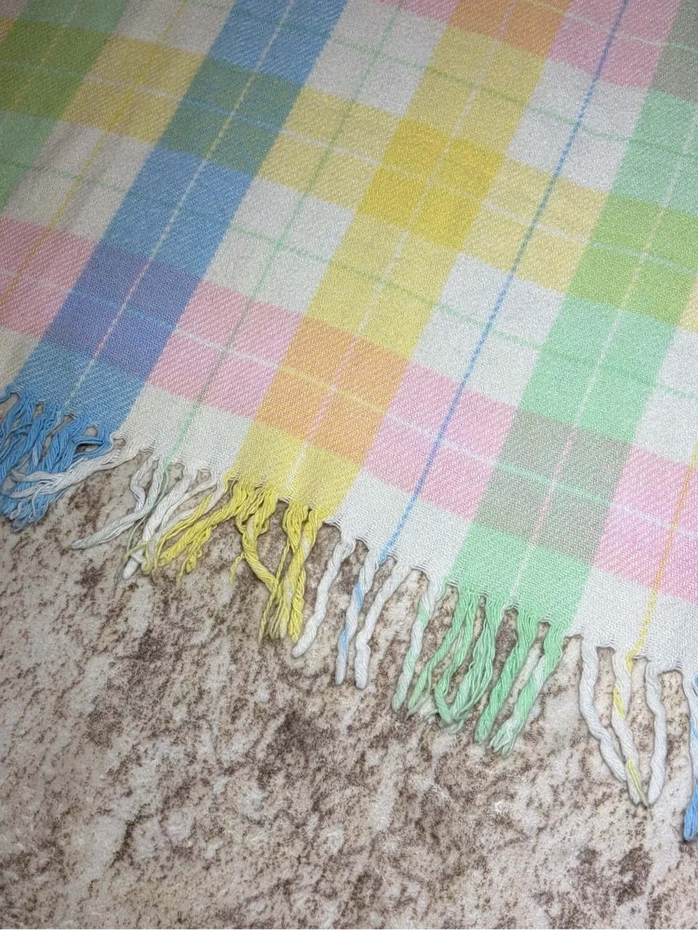 Vintage Tennessee Woolen Mills Pastel Plaid Acrylic Baby Blanket 46” x 35”